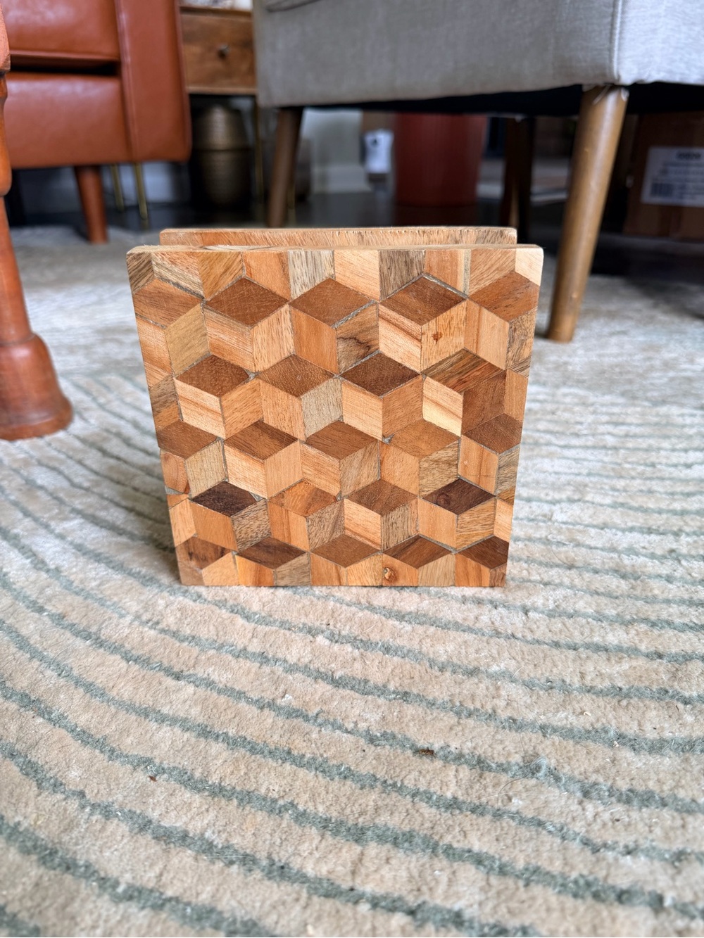 Geometric Wooden Cube Pattern napkin holder- Natural Brown